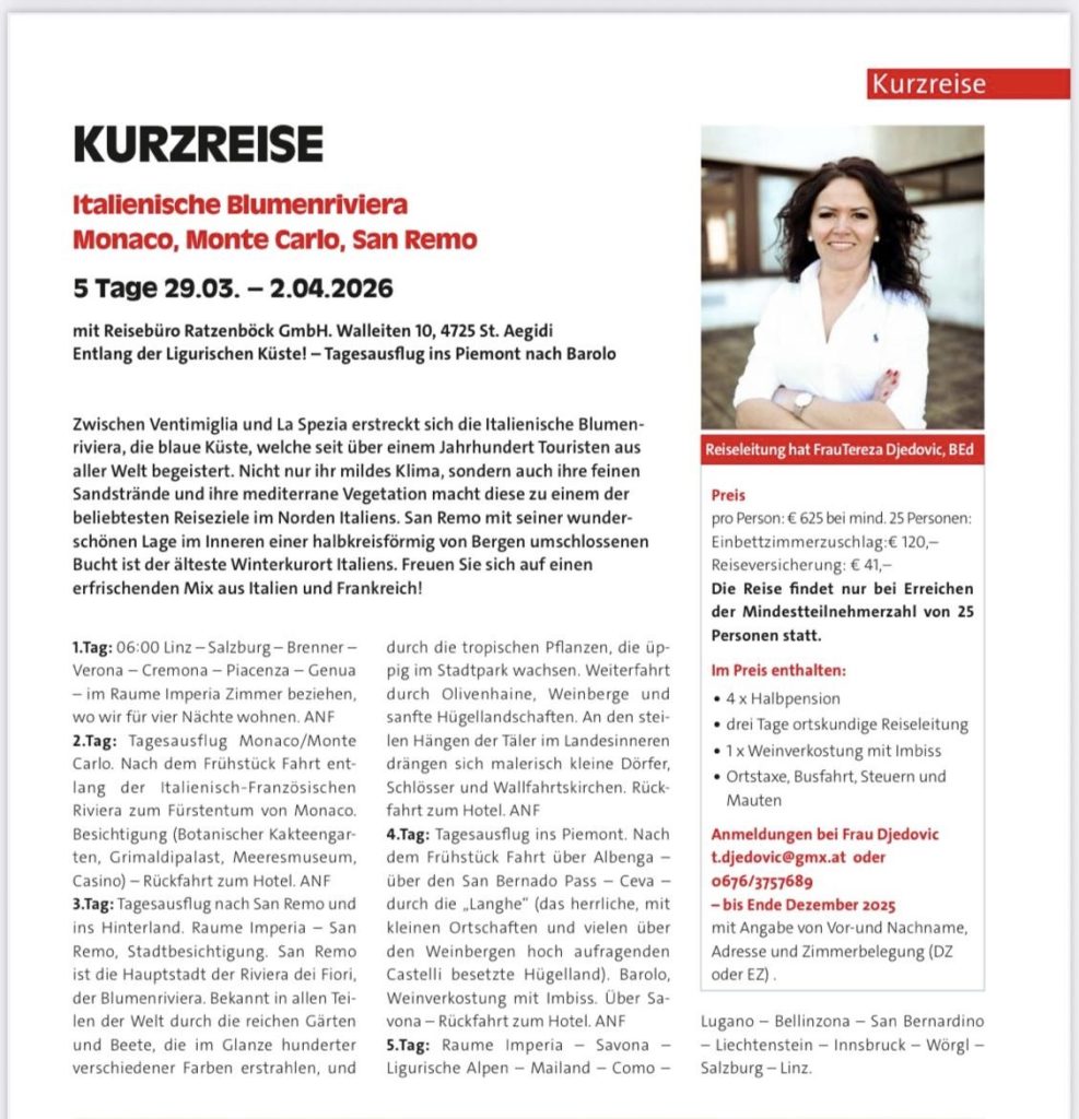 Reiseprospekt für Kurzreise an die italienische Blumenriviera mit Porträt einer Frau